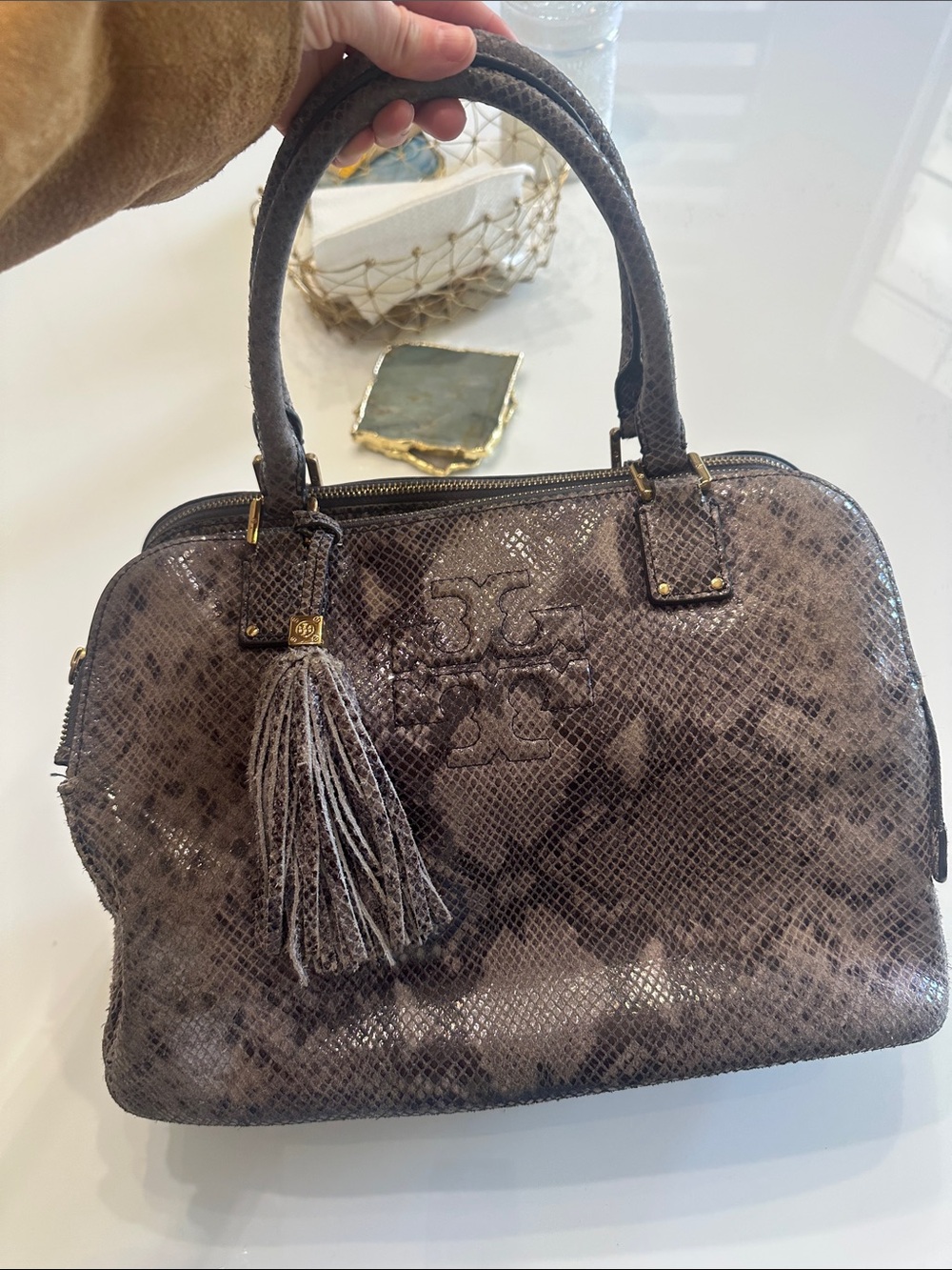 Tory Burch Gray Snake-Print Top-Handle Satchel with Tassel